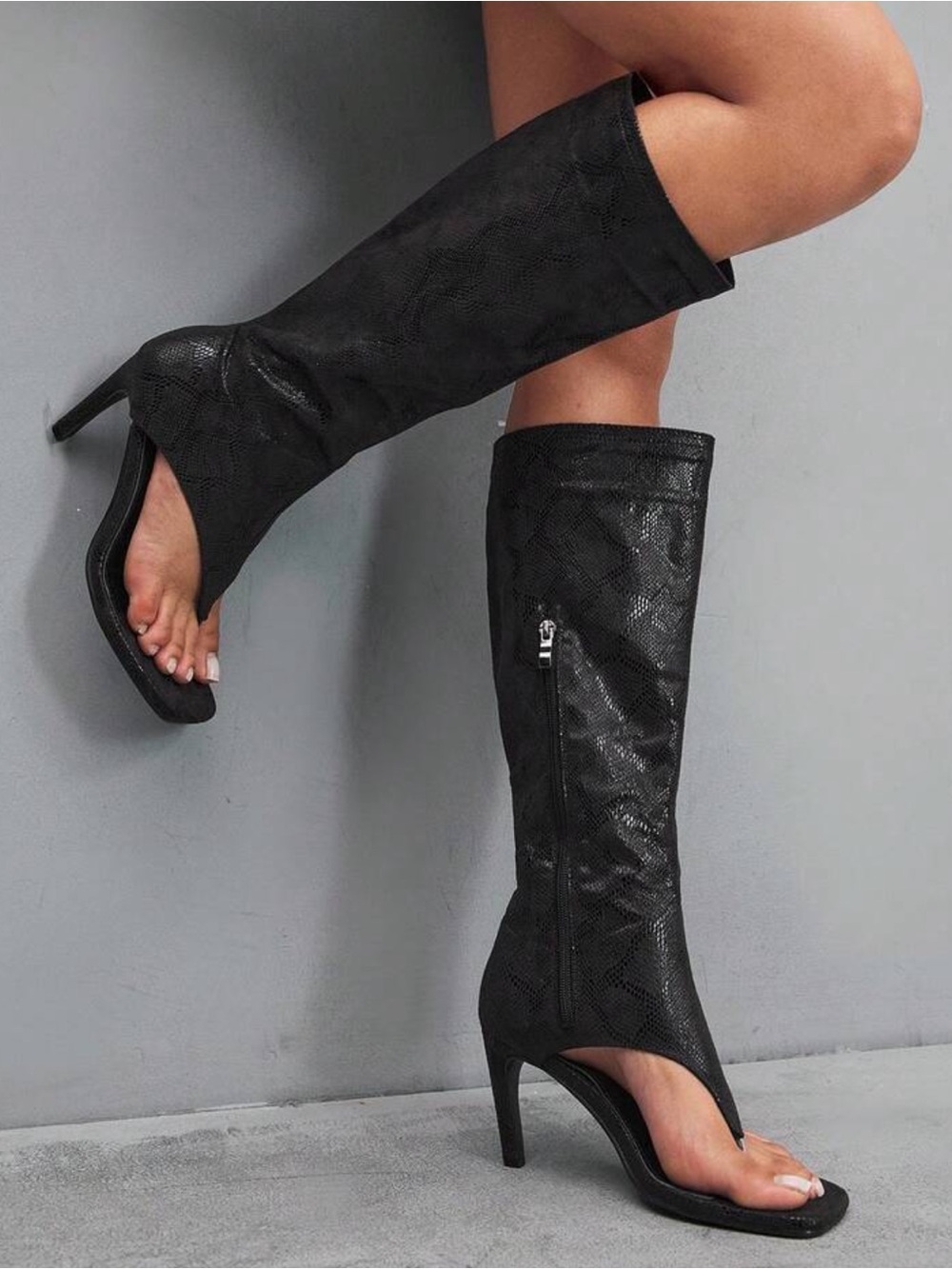 Thong Knee High Boots W/ Shiny Metallic Design